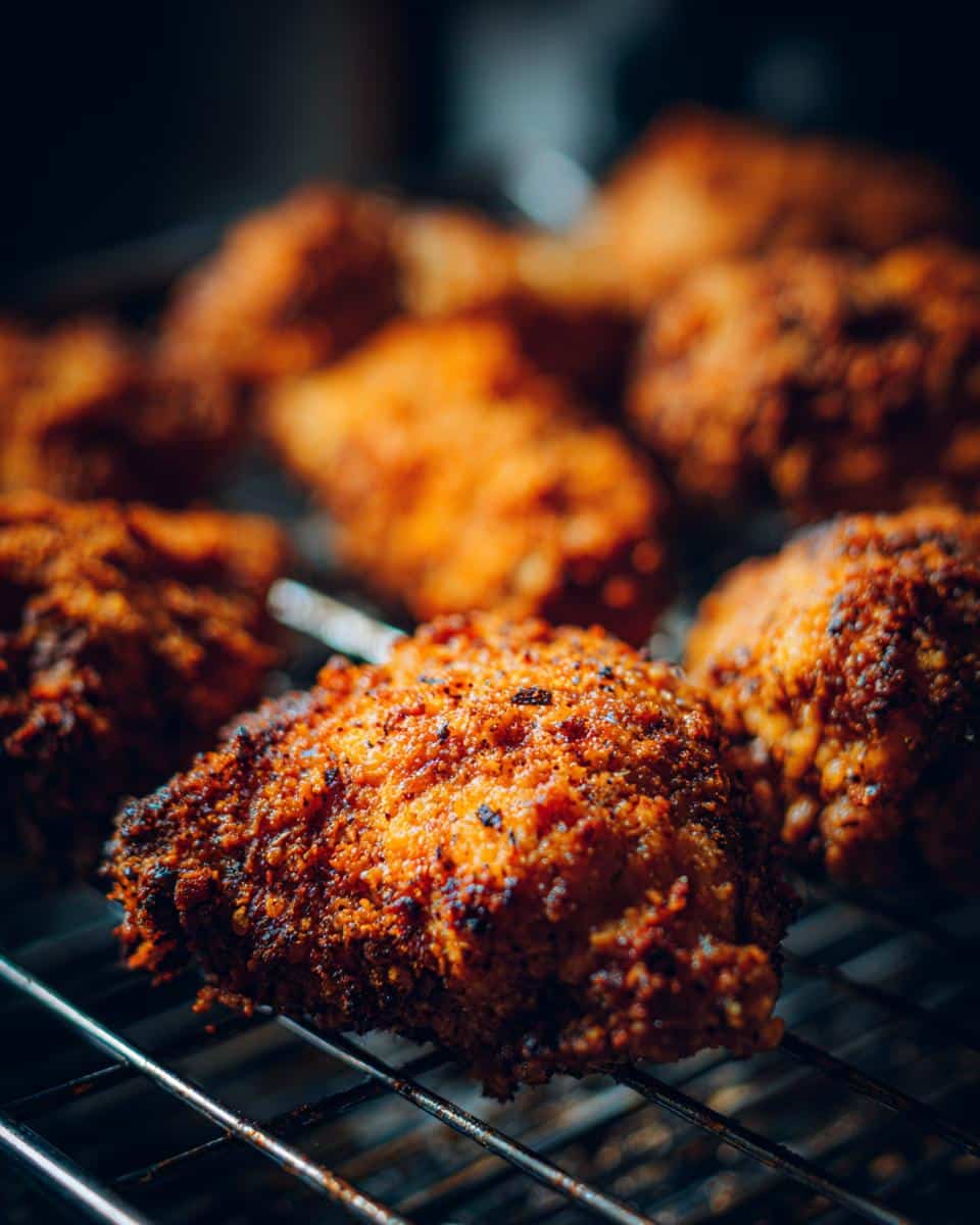 Close-up of golden-brown Parmesan-Crusted Air Fryer Tenders cooling on a wire rack.