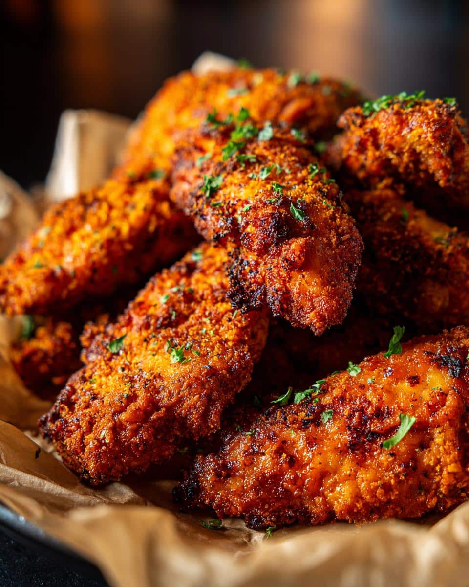 A close-up shot of a pile of golden-brown Parmesan-Crusted Air Fryer Tenders, garnished with fresh parsley.