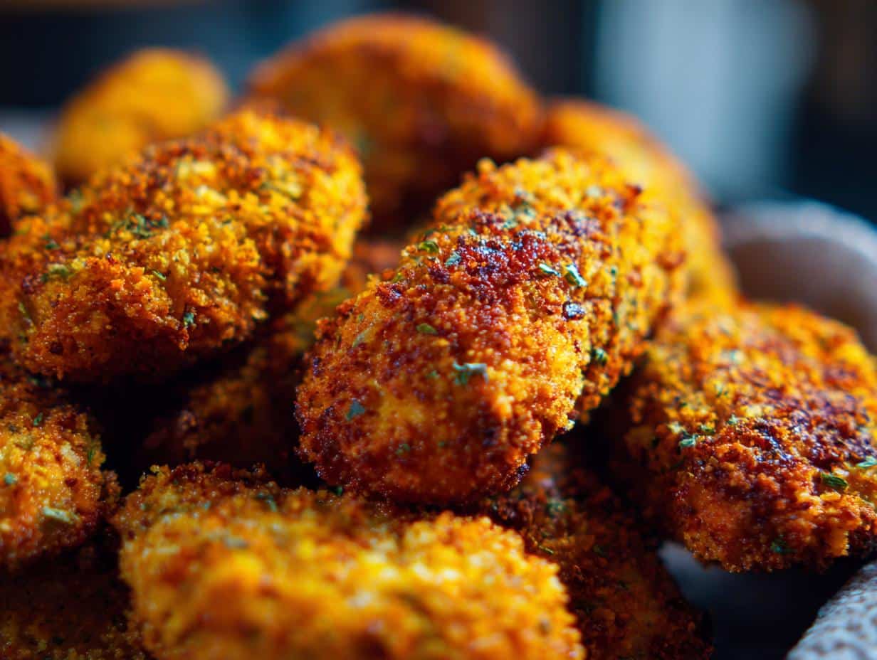 Close-up of golden-brown Parmesan-Crusted Air Fryer Tenders, seasoned with herbs.