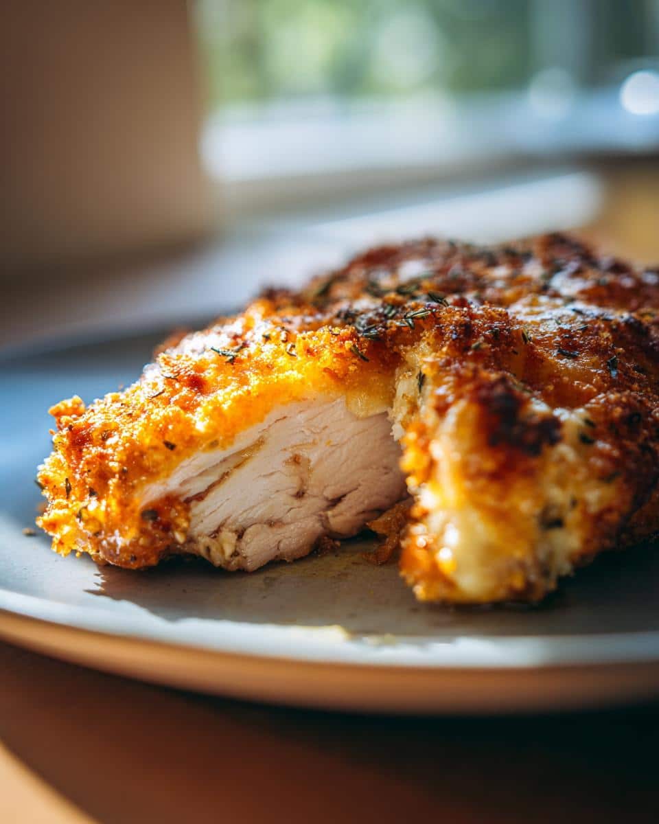 A close-up of a perfectly cooked Parmesan-Crusted Chicken Breast, showing its golden crust and tender interior.
