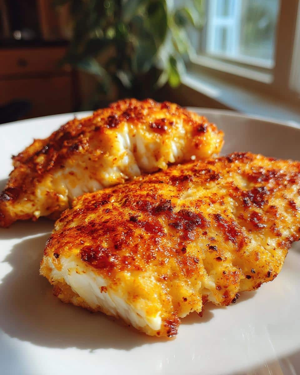 Close-up of two golden-brown Parmesan-Crusted Chicken Breast fillets on a white plate, bathed in sunlight.
