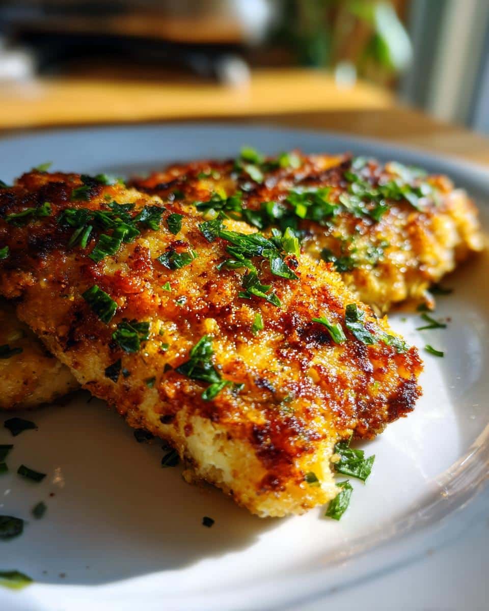 Close-up of a golden-brown Parmesan-Crusted Chicken Breast, garnished with fresh parsley.