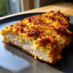 A close-up of a juicy Parmesan-Crusted Chicken Breast, sliced to reveal its tender interior and golden-brown crust.