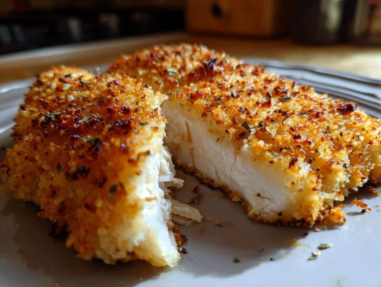 A close-up of a juicy Parmesan-Crusted Chicken Breast, cut in half to reveal the tender white meat inside.