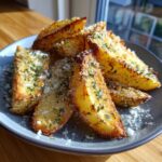 A close-up of golden-brown Parmesan Potato Wedges sprinkled with fresh parsley on a grey plate.