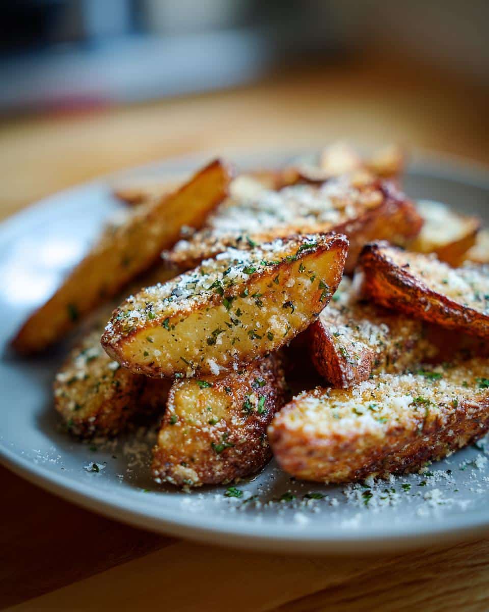 A close-up of golden-brown Parmesan Potato Wedges sprinkled with herbs on a grey plate.