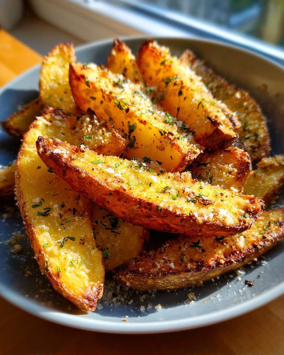 Close-up of golden brown Parmesan Potato Wedges sprinkled with herbs and cheese.