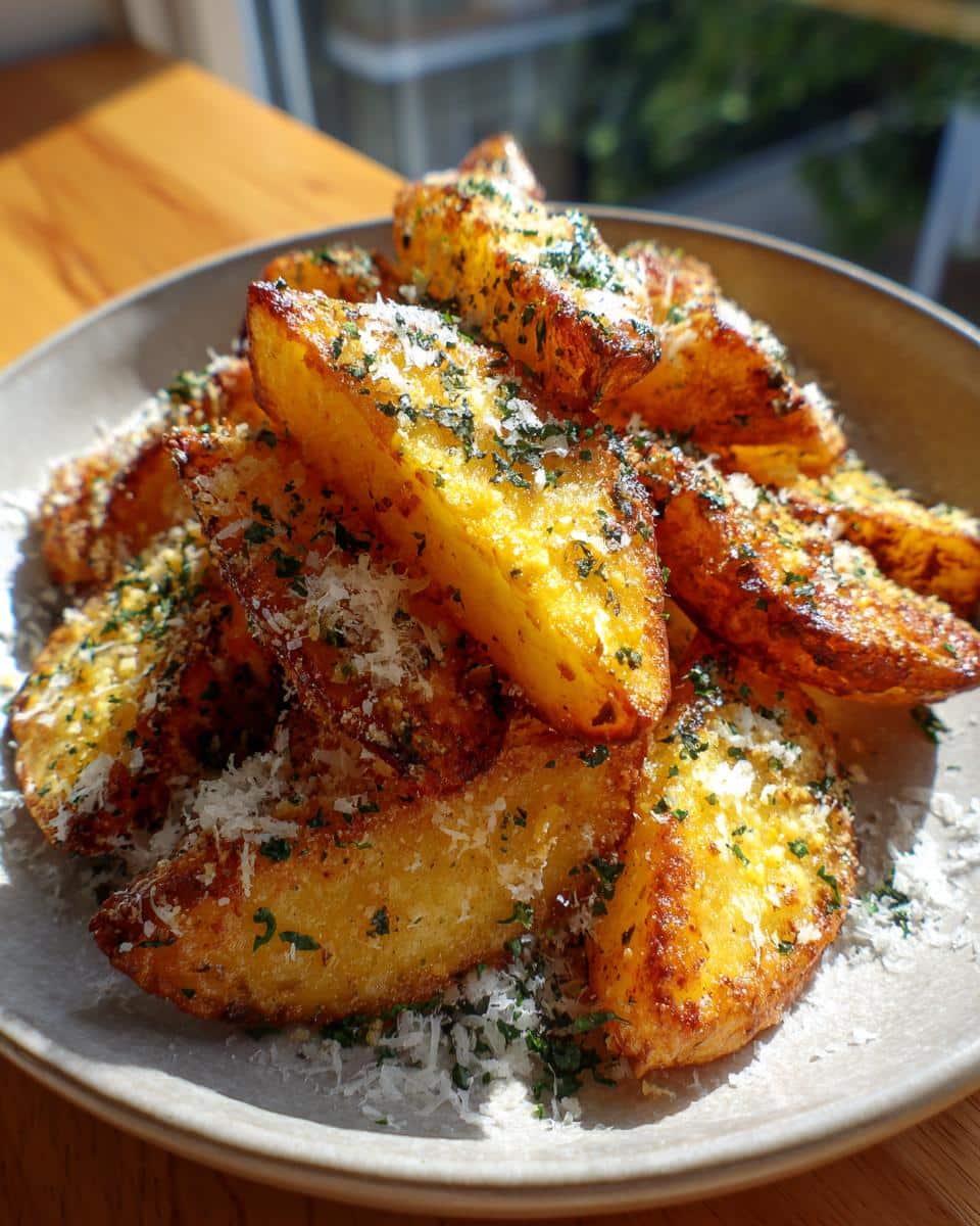 A close-up of golden brown Parmesan Potato Wedges sprinkled with grated Parmesan cheese and fresh parsley.