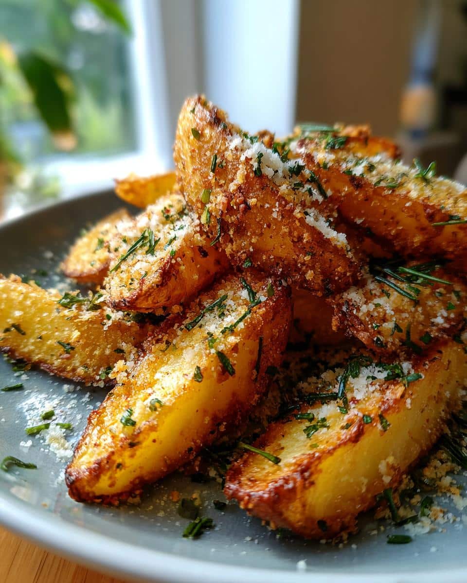 A close-up of a pile of golden-brown Parmesan Potato Wedges, sprinkled with fresh herbs and grated cheese.