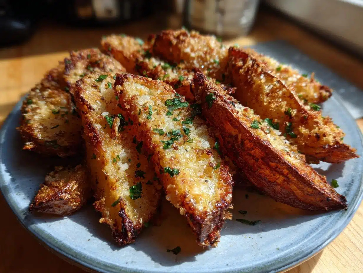 A close-up shot of golden-brown Parmesan Potato Wedges sprinkled with fresh parsley on a blue plate.