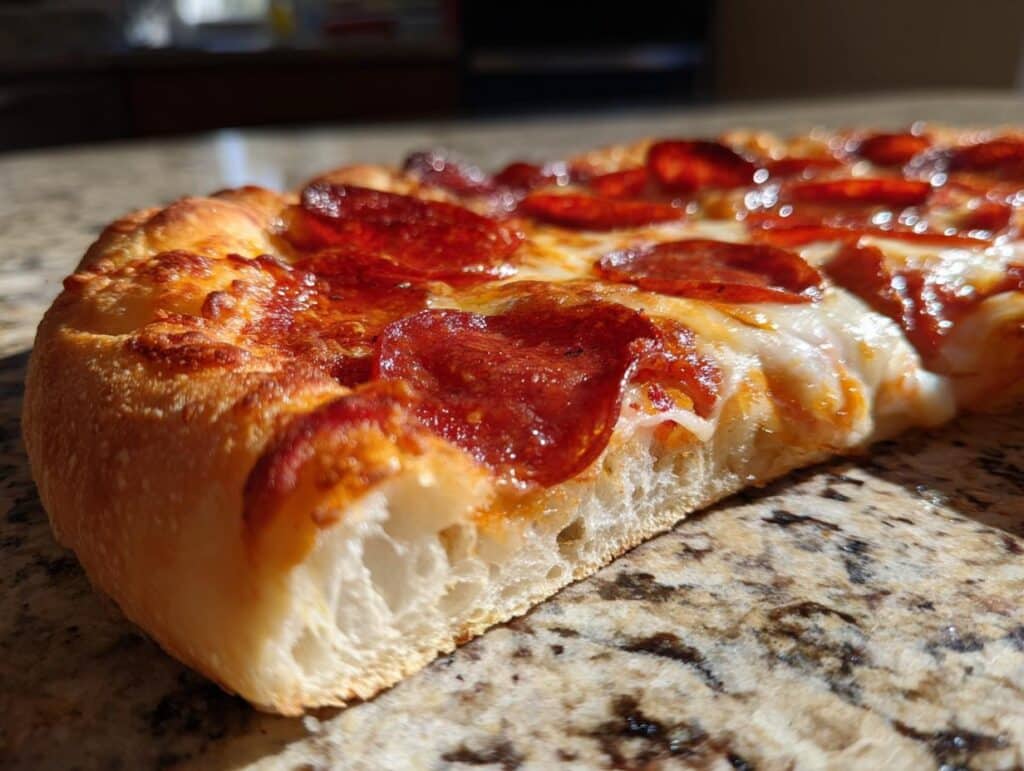 A close-up shot of a delicious slice of Pepperoni Air Fryer Pizza, showcasing the crispy crust, melted cheese, and savory pepperoni.