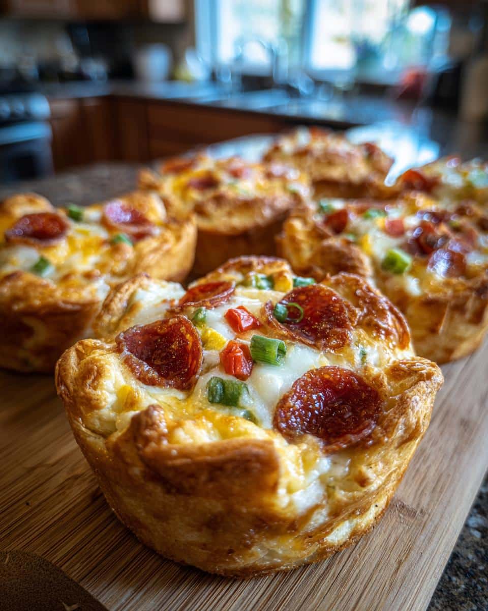 Close-up of golden-brown PIZZA CUPCAKES🍕 topped with pepperoni, melted cheese, and green onions.