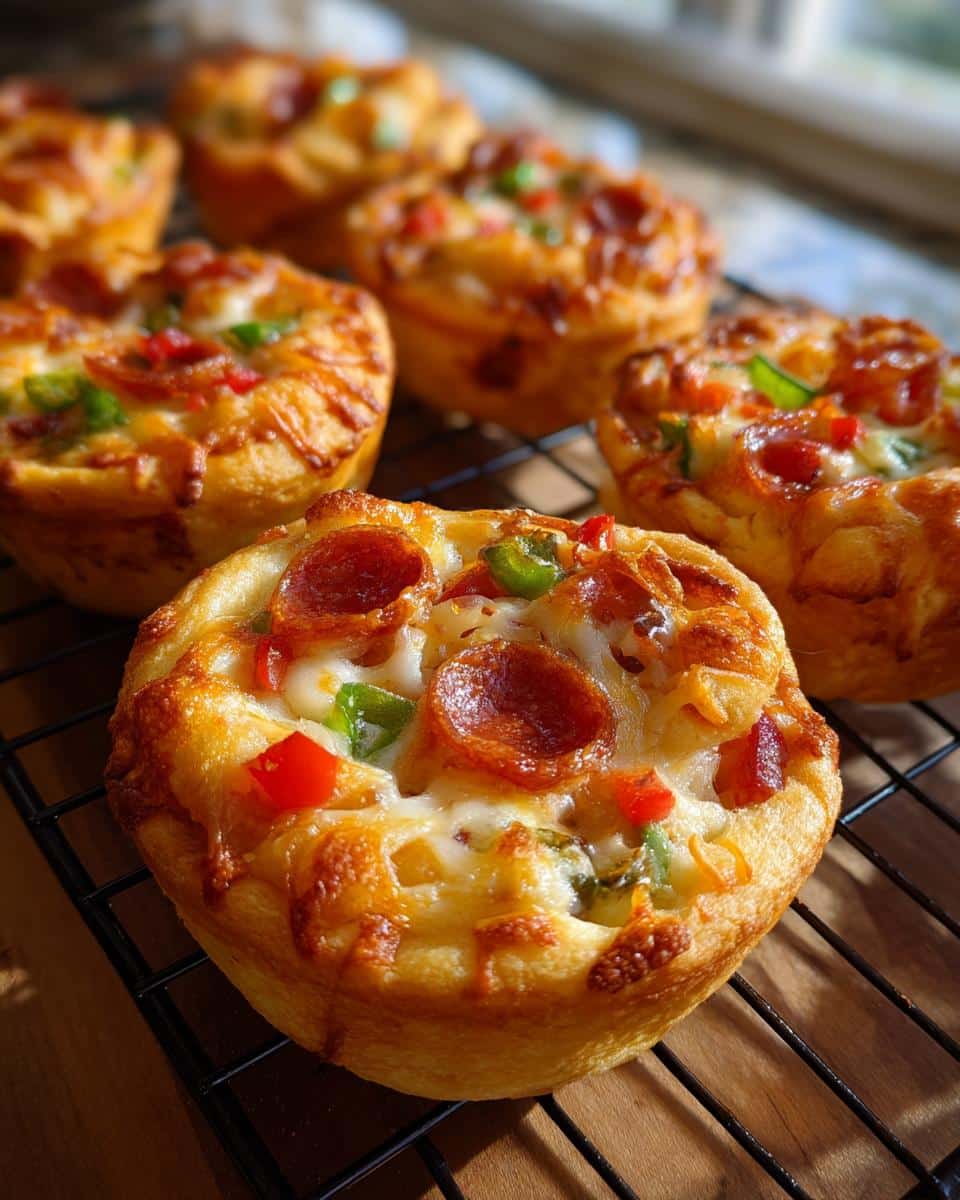 Close-up of golden-brown PIZZA CUPCAKES🍕 topped with melted cheese, pepperoni slices, and diced bell peppers.