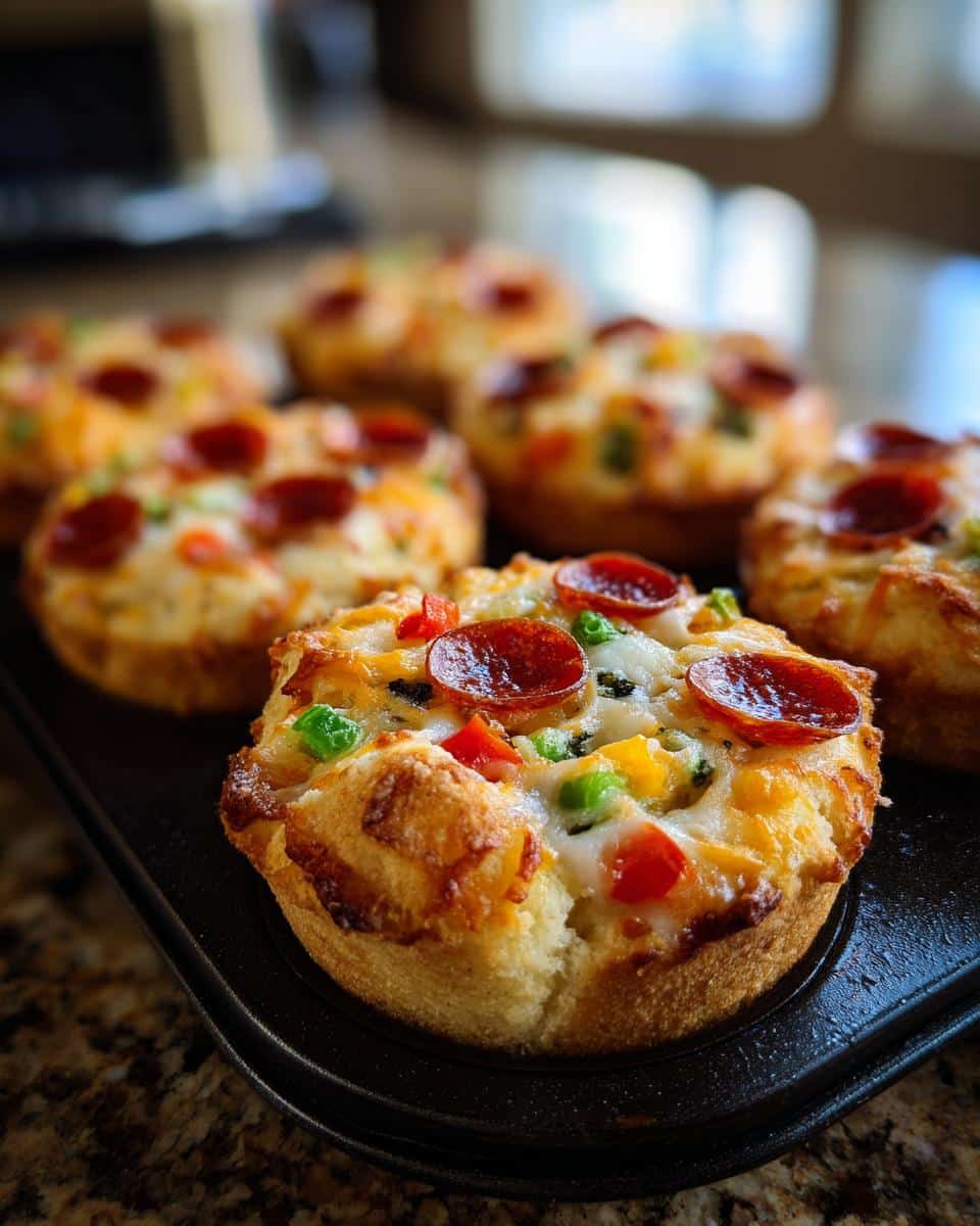 Close-up of freshly baked PIZZA CUPCAKES🍕 topped with pepperoni, cheese, and colorful bell peppers.