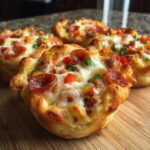 Close-up of freshly baked PIZZA CUPCAKES🍕 topped with melted cheese, pepperoni, and colorful bell peppers.