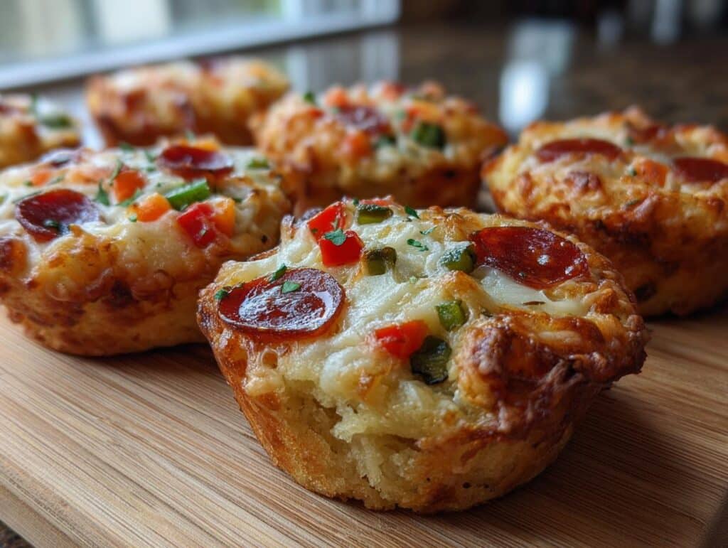 Close-up of golden-brown PIZZA CUPCAKES🍕 topped with melted cheese, pepperoni slices, and diced bell peppers.
