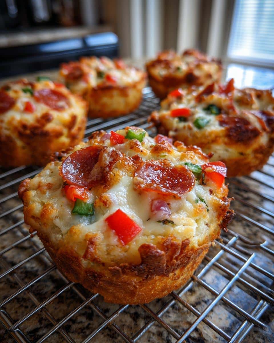 Close-up of baked PIZZA CUPCAKES🍕 topped with melted cheese, pepperoni, red and green bell peppers.