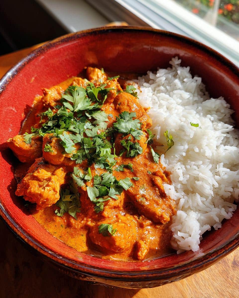 A close-up of Quick & Easy Homemade Butter Chicken served with fluffy white rice in a red bowl, garnished with fresh cilantro.