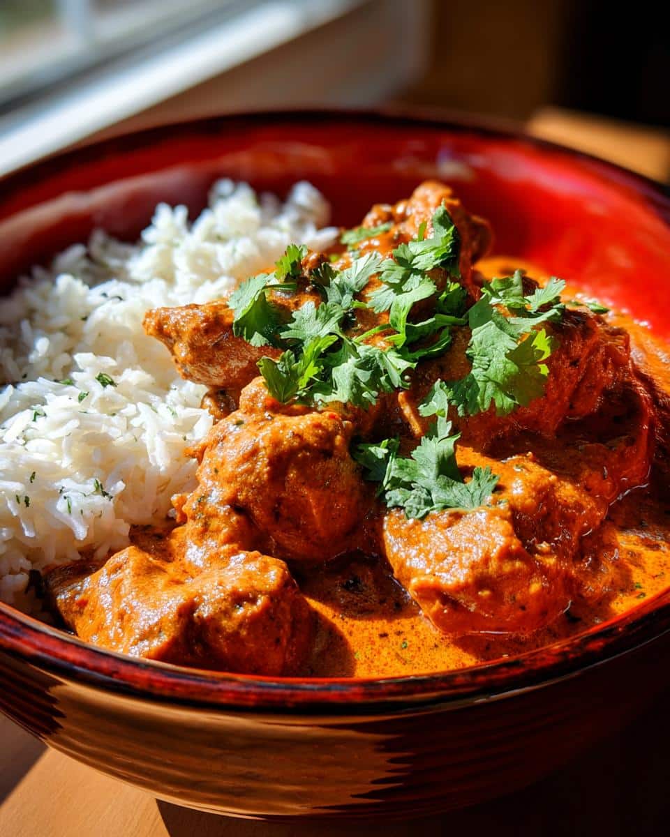 A close-up of a bowl of Quick & Easy Homemade Butter Chicken served with fluffy white rice and garnished with fresh cilantro.