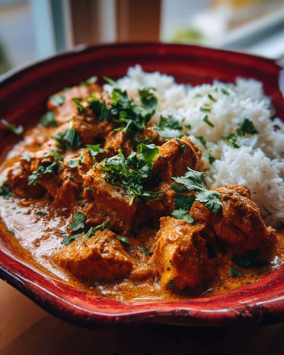 A close-up of Quick & Easy Homemade Butter Chicken served with fluffy white rice and garnished with fresh cilantro.