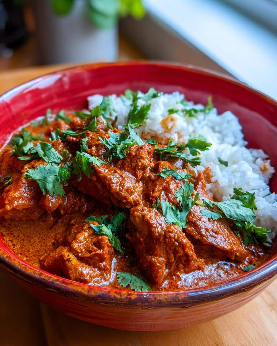 A close-up shot of a bowl of Quick & Easy Homemade Butter Chicken served with fluffy white rice and garnished with fresh cilantro.