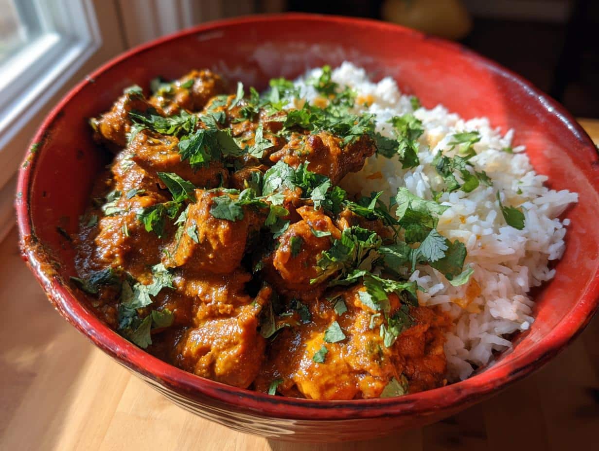 A bowl of Quick & Easy Homemade Butter Chicken served with fluffy white rice and garnished with fresh cilantro.