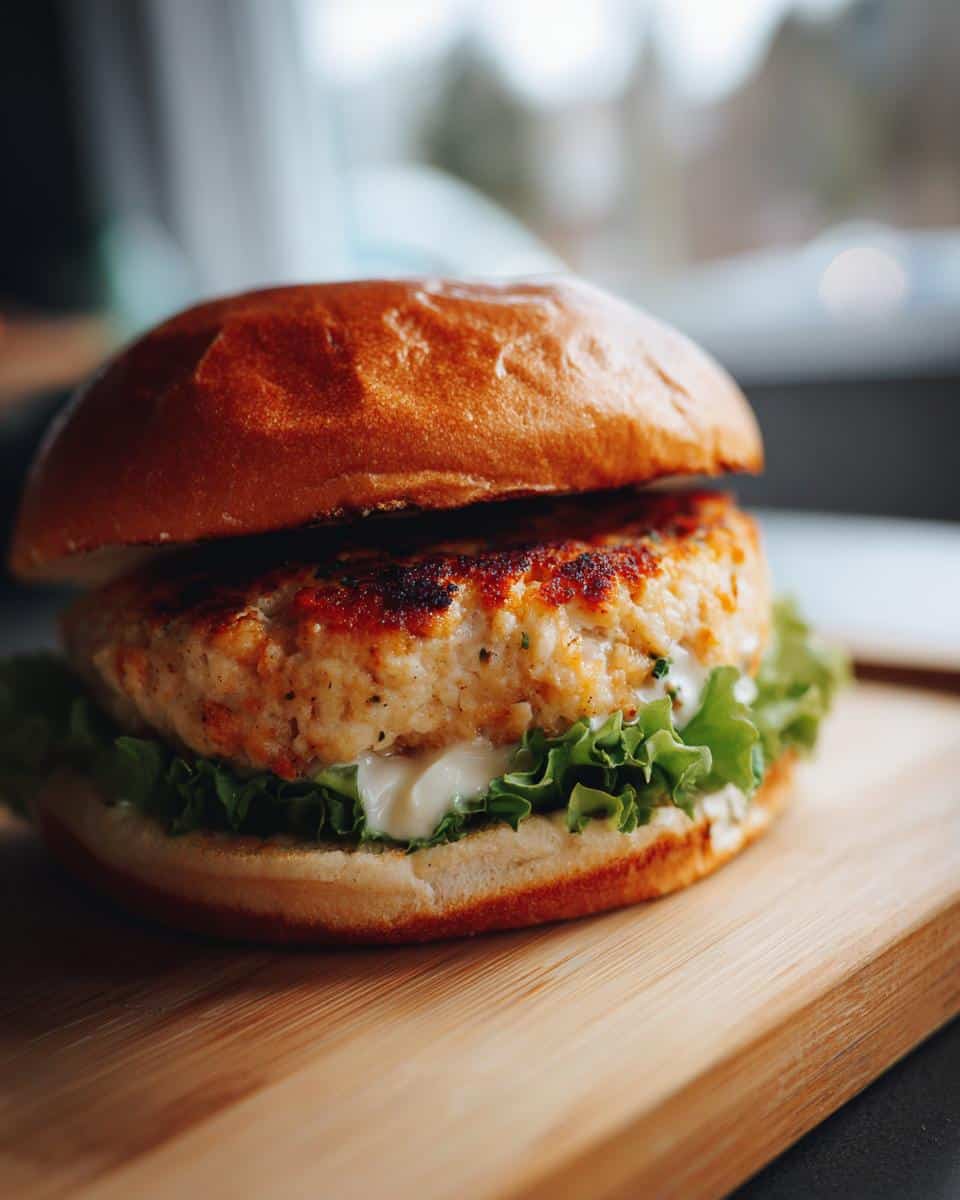 A close-up of a perfectly cooked Salmon Burger on a toasted bun with lettuce and sauce.