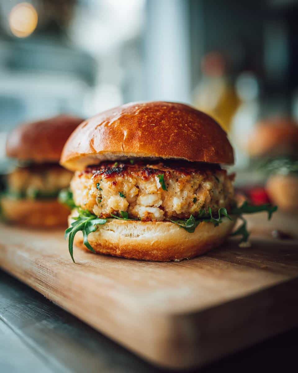 Close-up of a perfectly cooked salmon burger on a toasted bun with arugula, ready to be served.