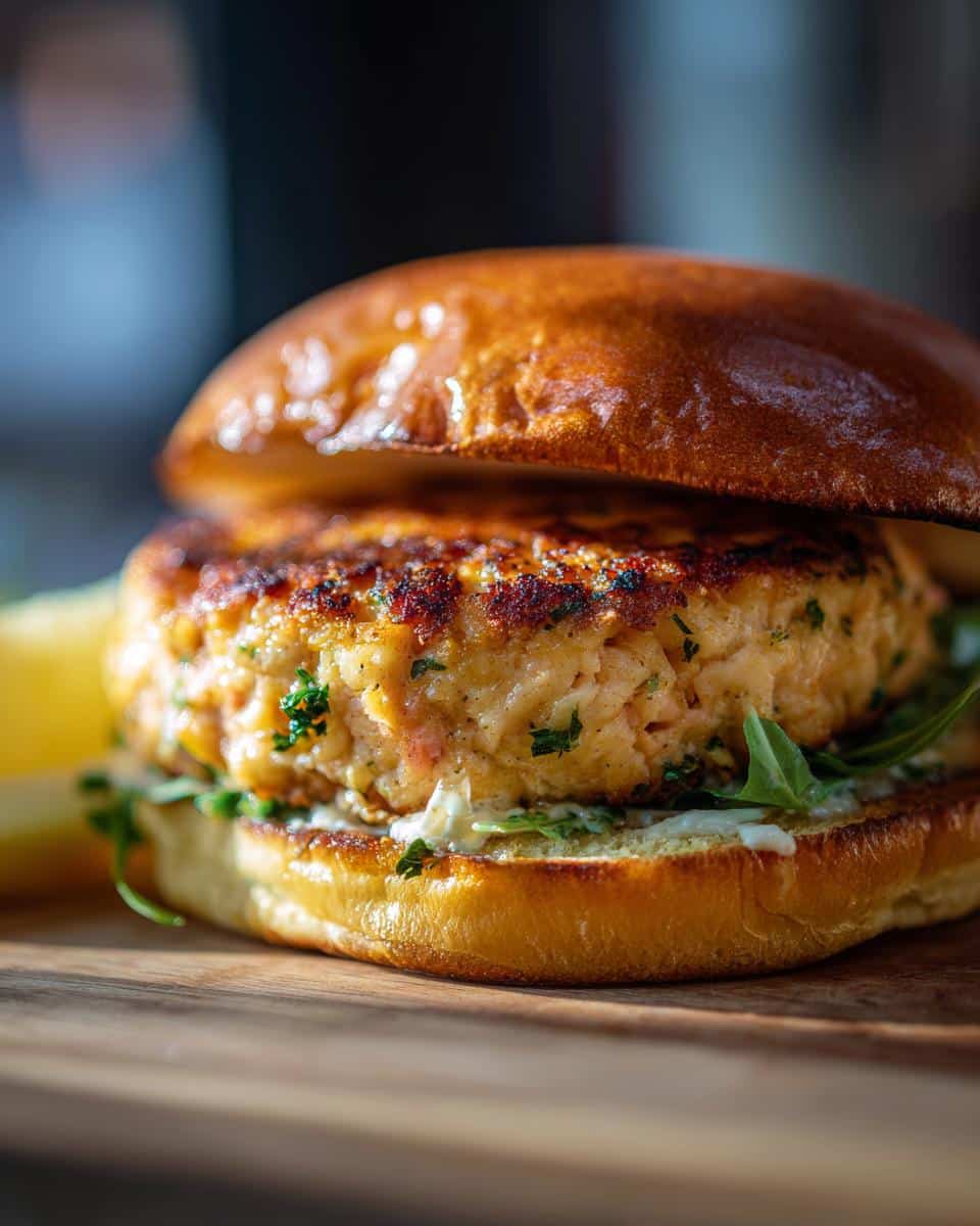 A close-up of a perfectly cooked salmon burger on a toasted bun with fresh greens and sauce.