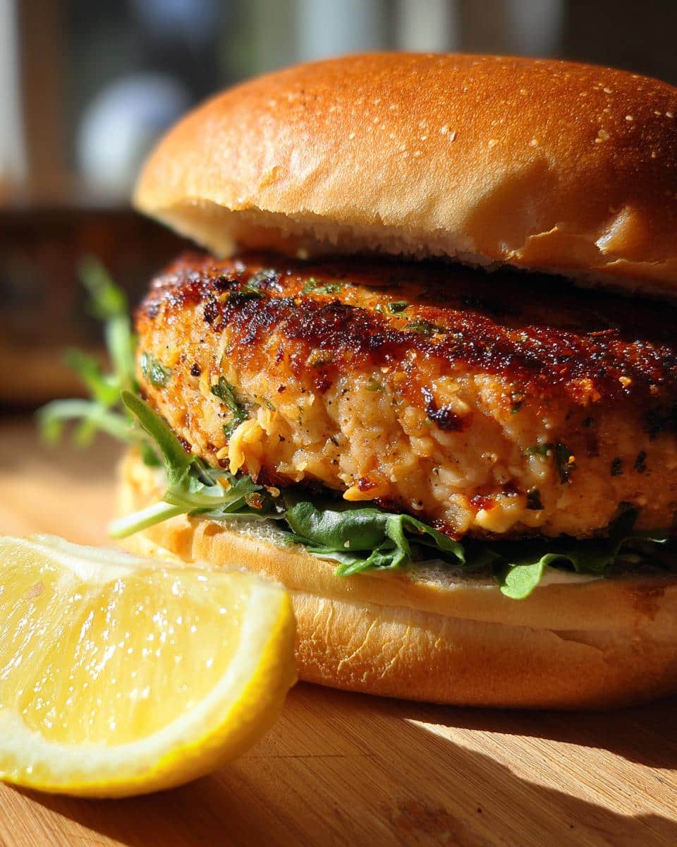Close-up of a perfectly cooked Salmon Burger on a bun with fresh greens and a lemon slice.