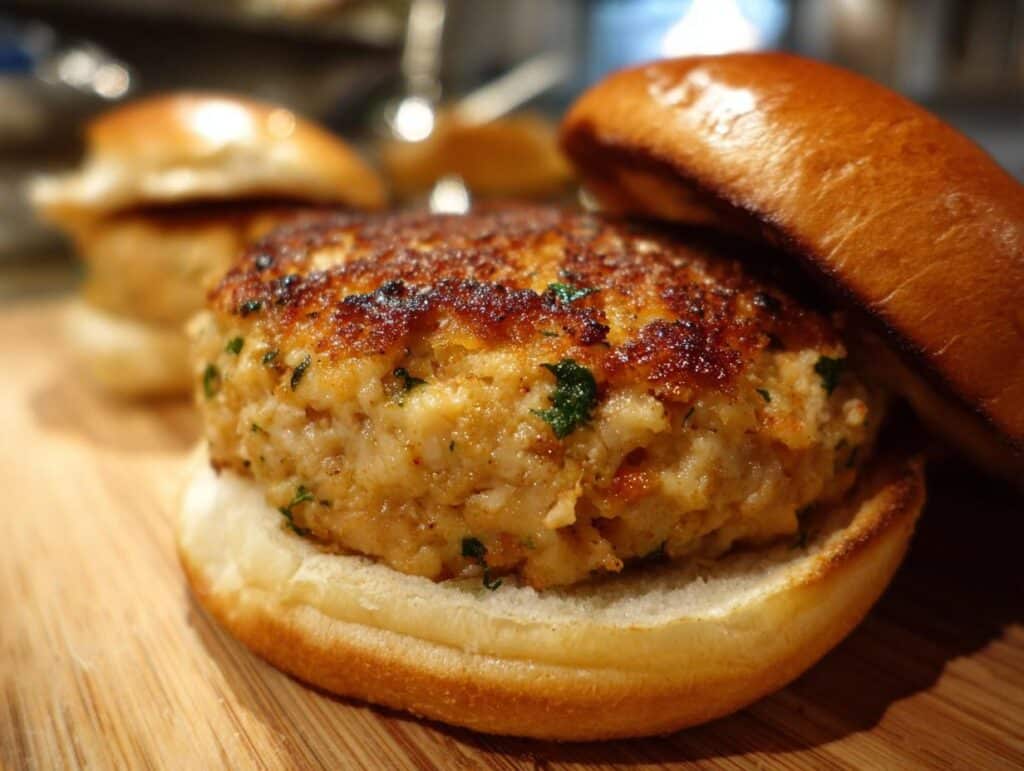 A close-up of a golden-brown salmon burger on a bun, with fresh herbs mixed into the patty.