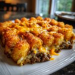 A close-up of a Simple and Delicious Tater Tot Casserole Recipe, featuring golden-brown tater tots and melted cheese.