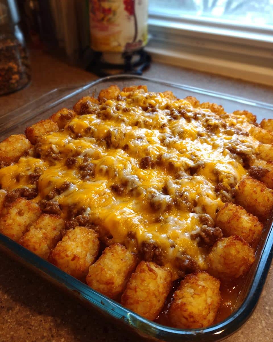 A close-up of a Simple and Delicious Tater Tot Casserole in a glass baking dish, topped with melted cheese and ground beef.