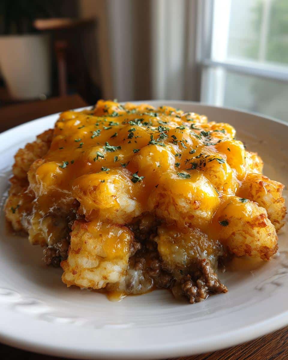 A close-up of a serving of Simple and Delicious Tater Tot Casserole, topped with melted cheddar cheese and sprinkled with parsley.