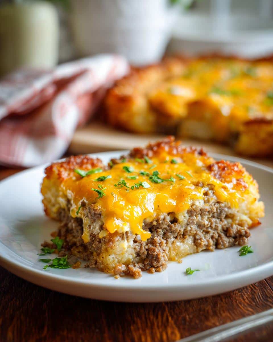 A close-up of a slice of Tater Tot Casserole on a white plate, featuring a layer of seasoned ground beef topped with melted cheddar cheese and fresh parsley.