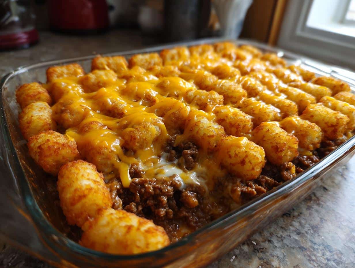A close-up of a Simple and Delicious Tater Tot Casserole, baked in a glass dish with melted cheddar cheese.