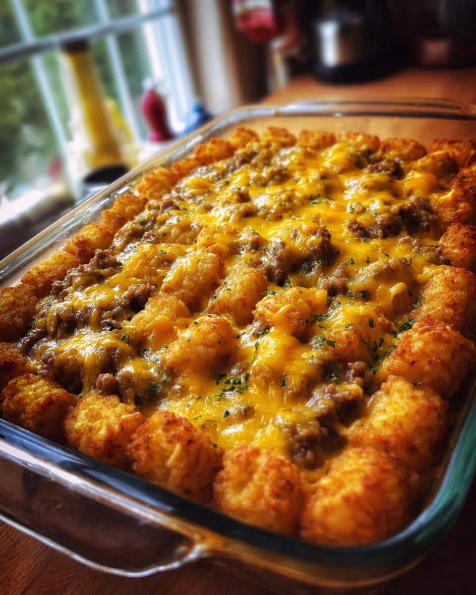 A freshly baked Simple Tater Tot Casserole topped with melted cheddar cheese and parsley in a glass baking dish.