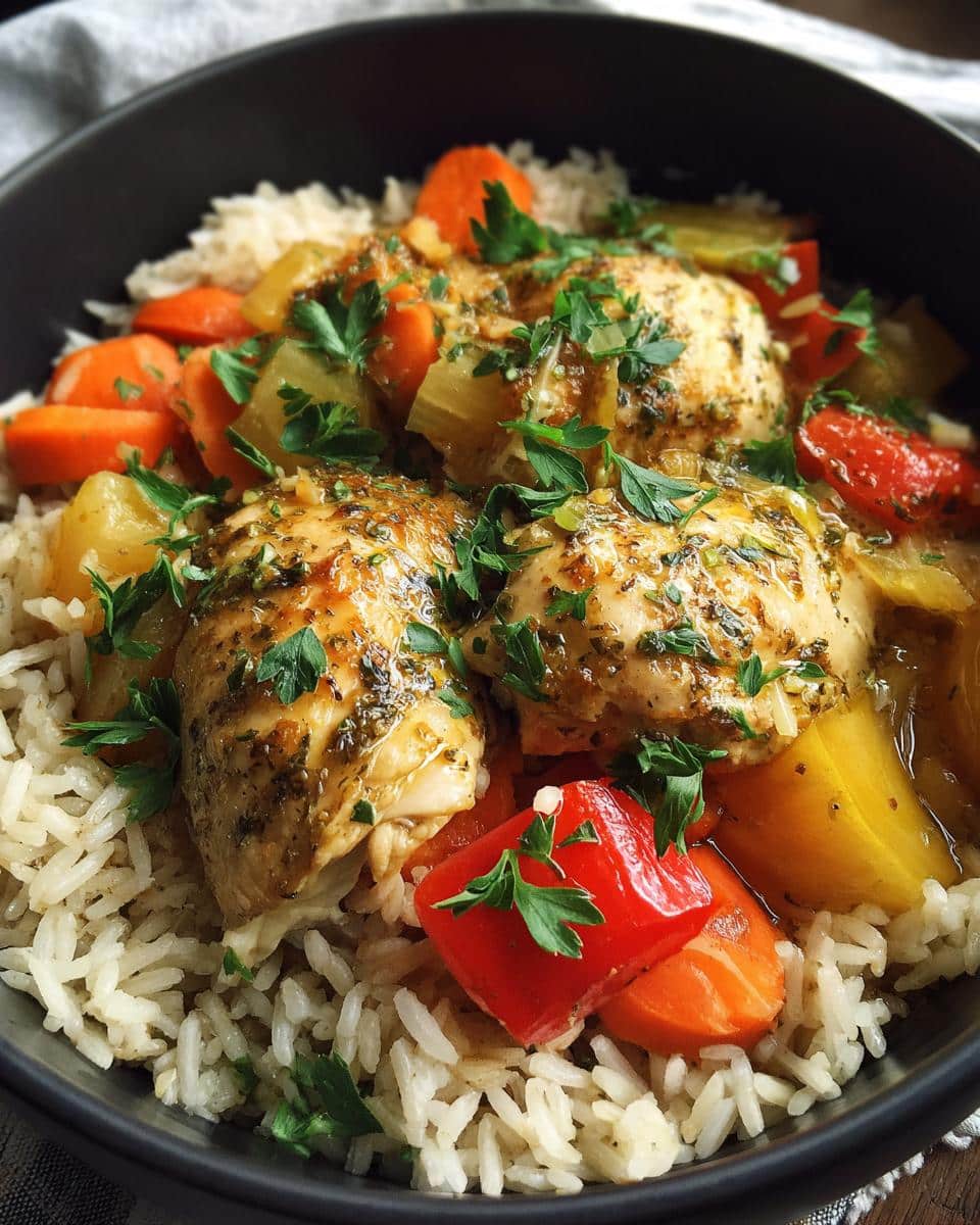 A close-up of a bowl filled with fluffy rice, tender chicken pieces, and colorful vegetables like carrots and bell peppers, garnished with fresh parsley. This is Slow Cooker Lemon Herb Chicken and Rice.