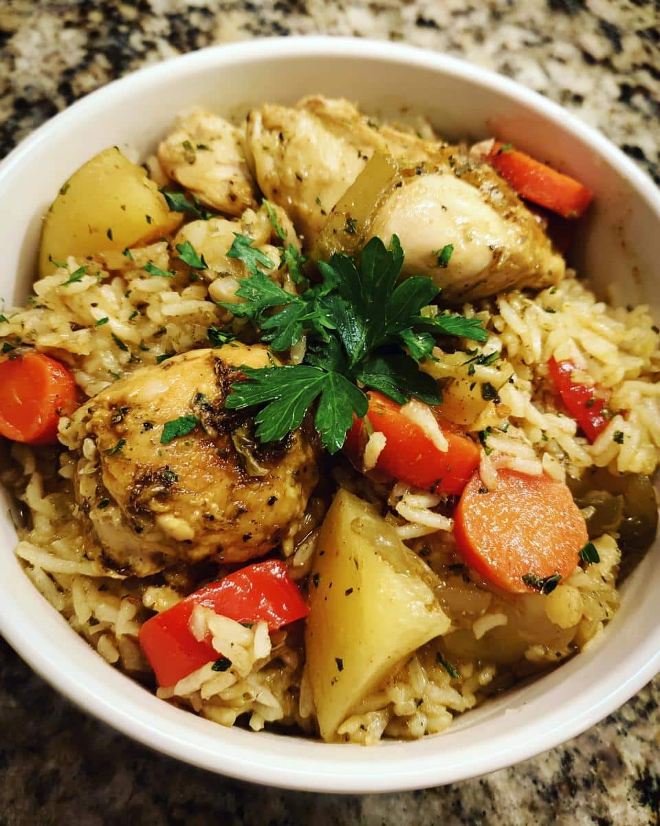 A close-up of a white bowl filled with Slow Cooker Lemon Herb Chicken and Rice, featuring tender chicken pieces, fluffy rice, carrots, potatoes, and red peppers, garnished with parsley.