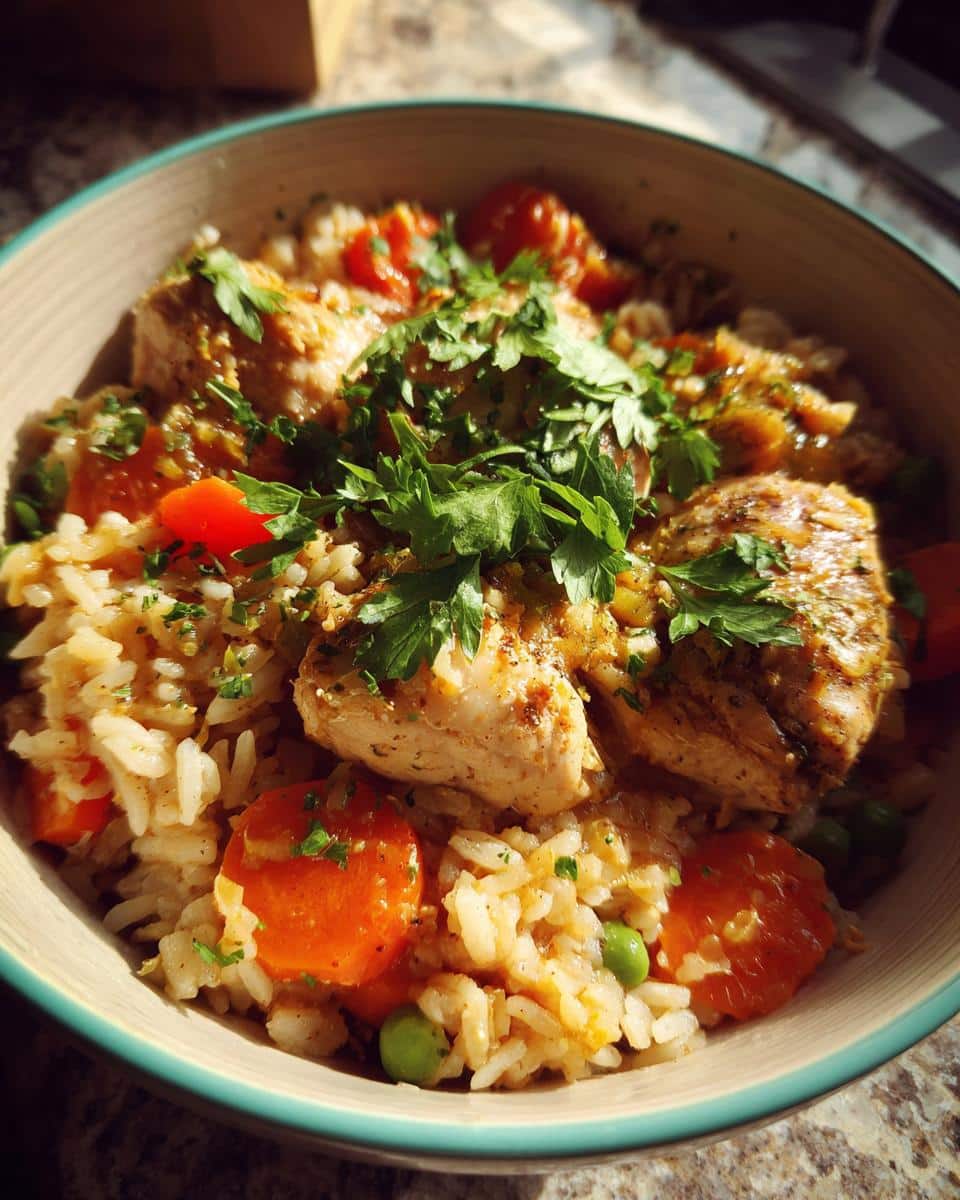 A bowl of Slow Cooker Lemon Herb Chicken and Rice, featuring tender chicken pieces, fluffy rice, carrots, peas, and fresh parsley garnish.