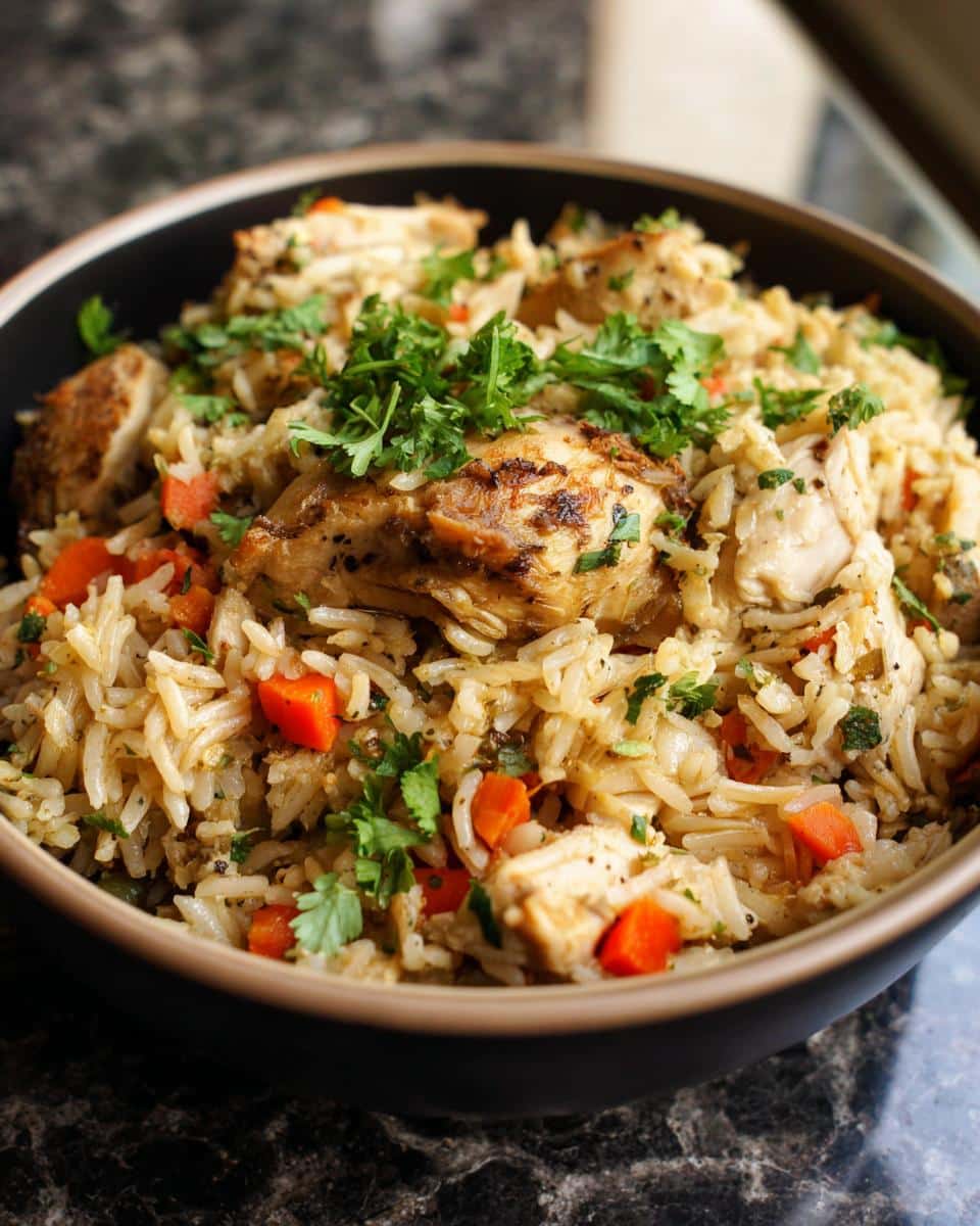A close-up of a bowl of Slow Cooker Lemon Herb Chicken and Rice, topped with fresh cilantro.