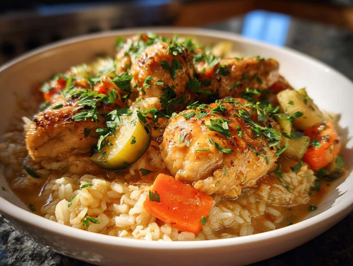 A close-up of a white bowl filled with Slow Cooker Lemon Herb Chicken and Rice, topped with fresh parsley.
