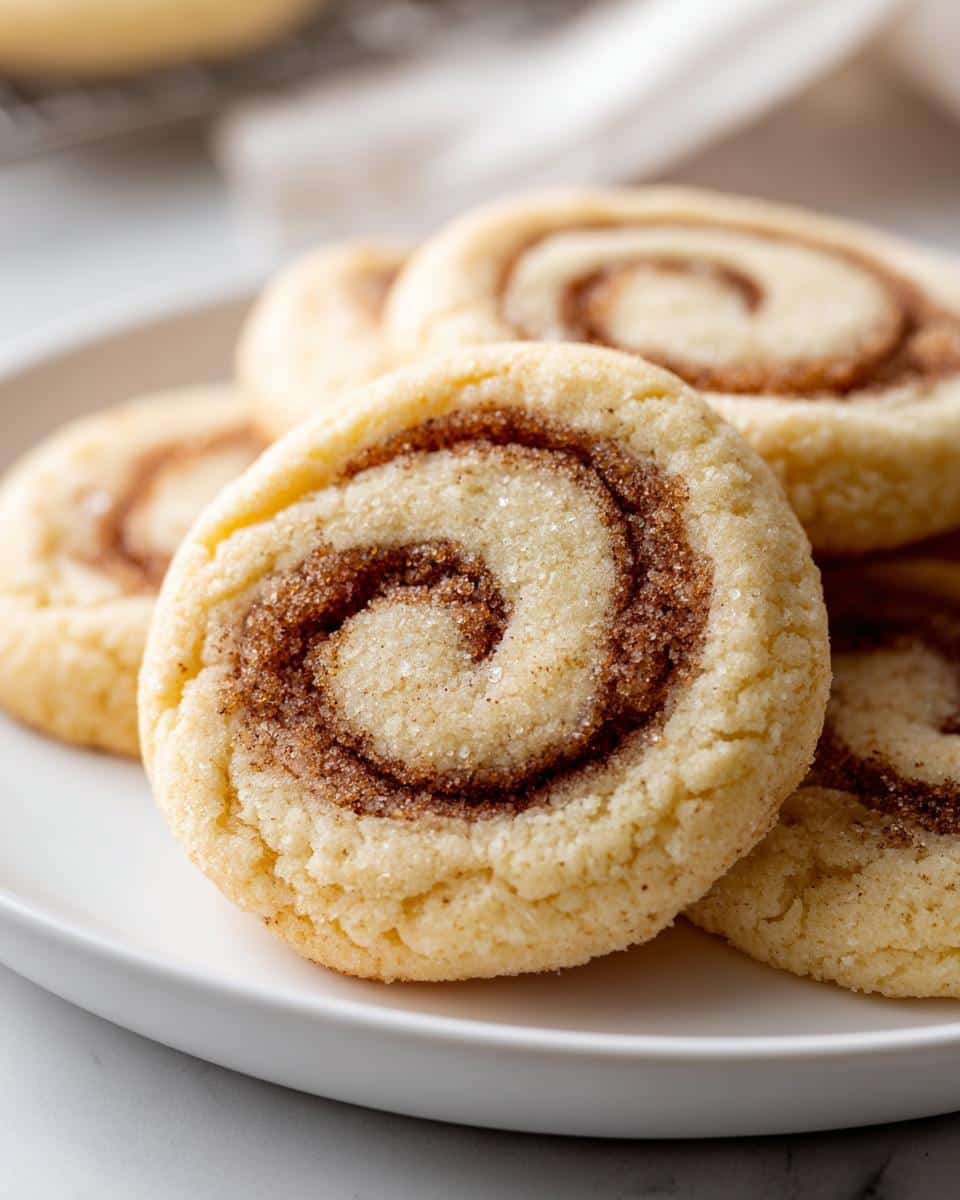 Close-up of soft cinnamon roll sugar cookies with a swirled cinnamon filling and a sprinkle of sugar.
