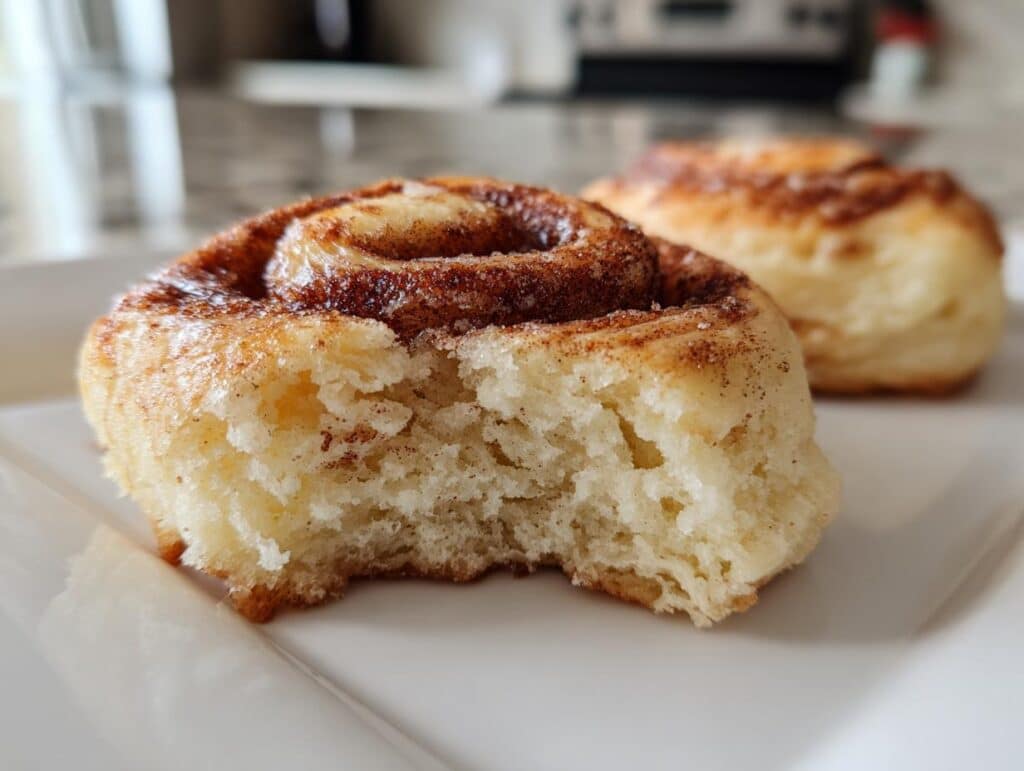 Close-up of a Soft Cinnamon Roll Sugar Cookie with Swirled Cinnamon Filling, showing its fluffy texture and cinnamon swirl.