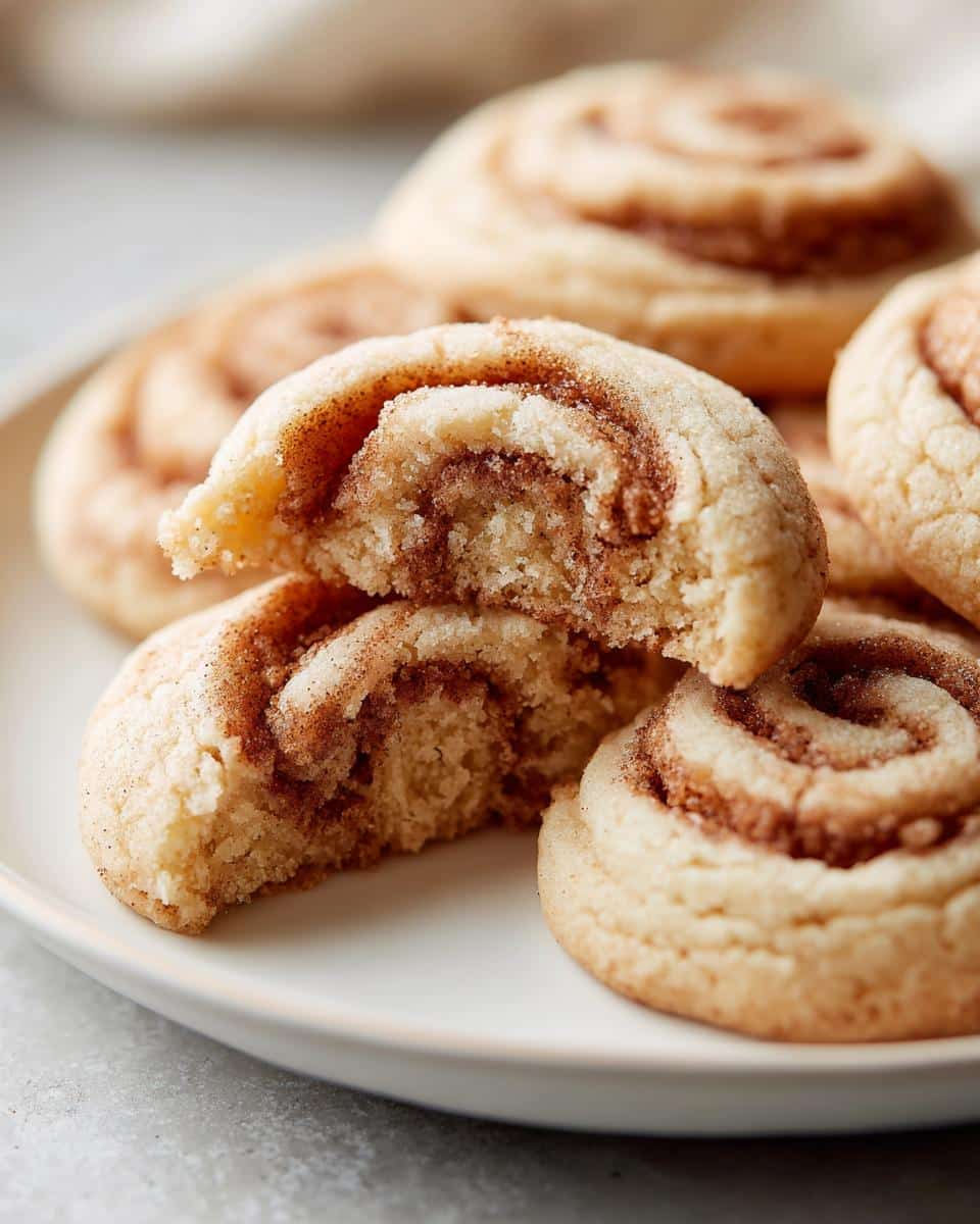 Close-up of soft cinnamon roll sugar cookies with a swirled cinnamon filling, one cookie broken in half.