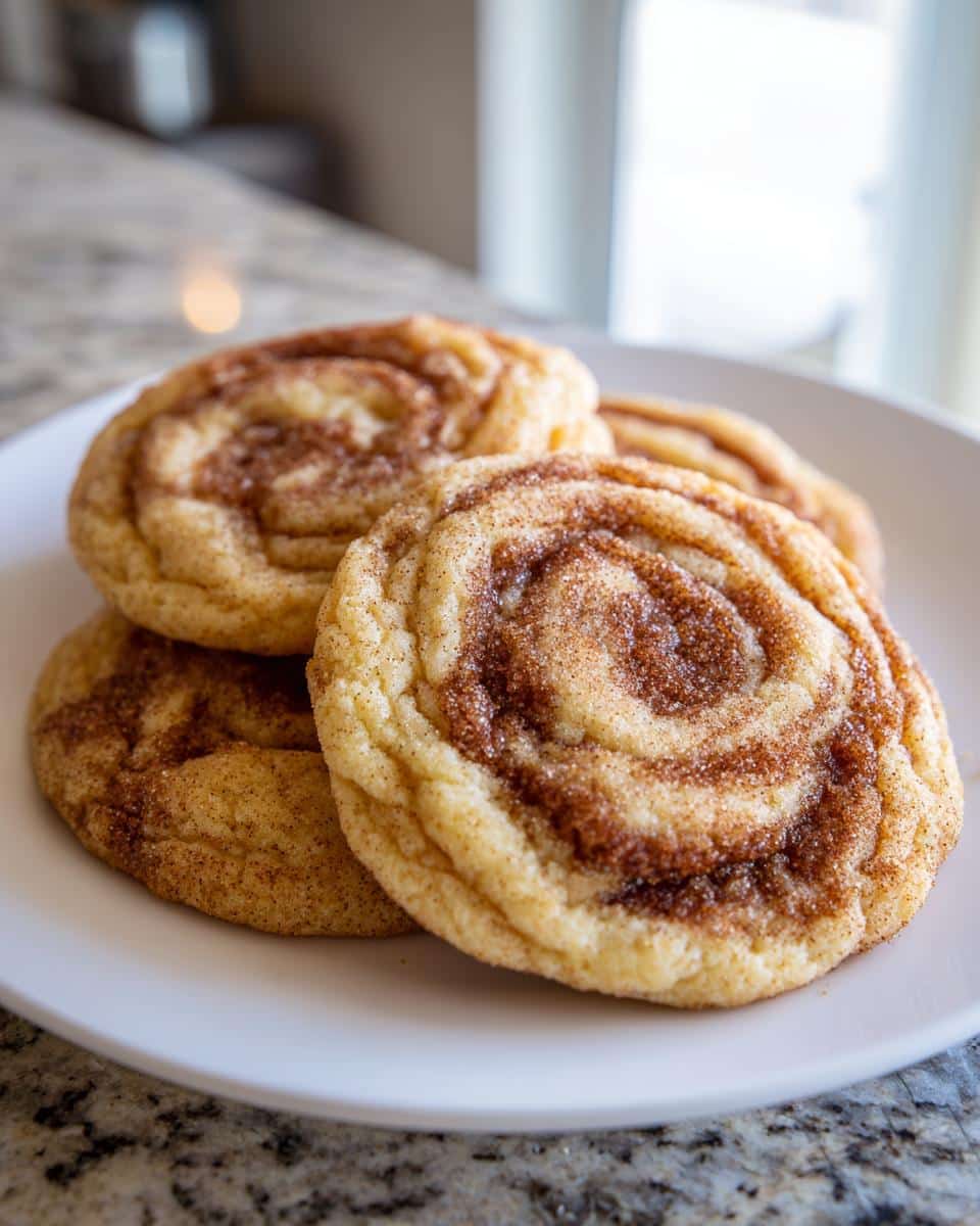 Close-up of Soft Cinnamon Roll Sugar Cookies with a beautiful swirled cinnamon filling on a white plate.