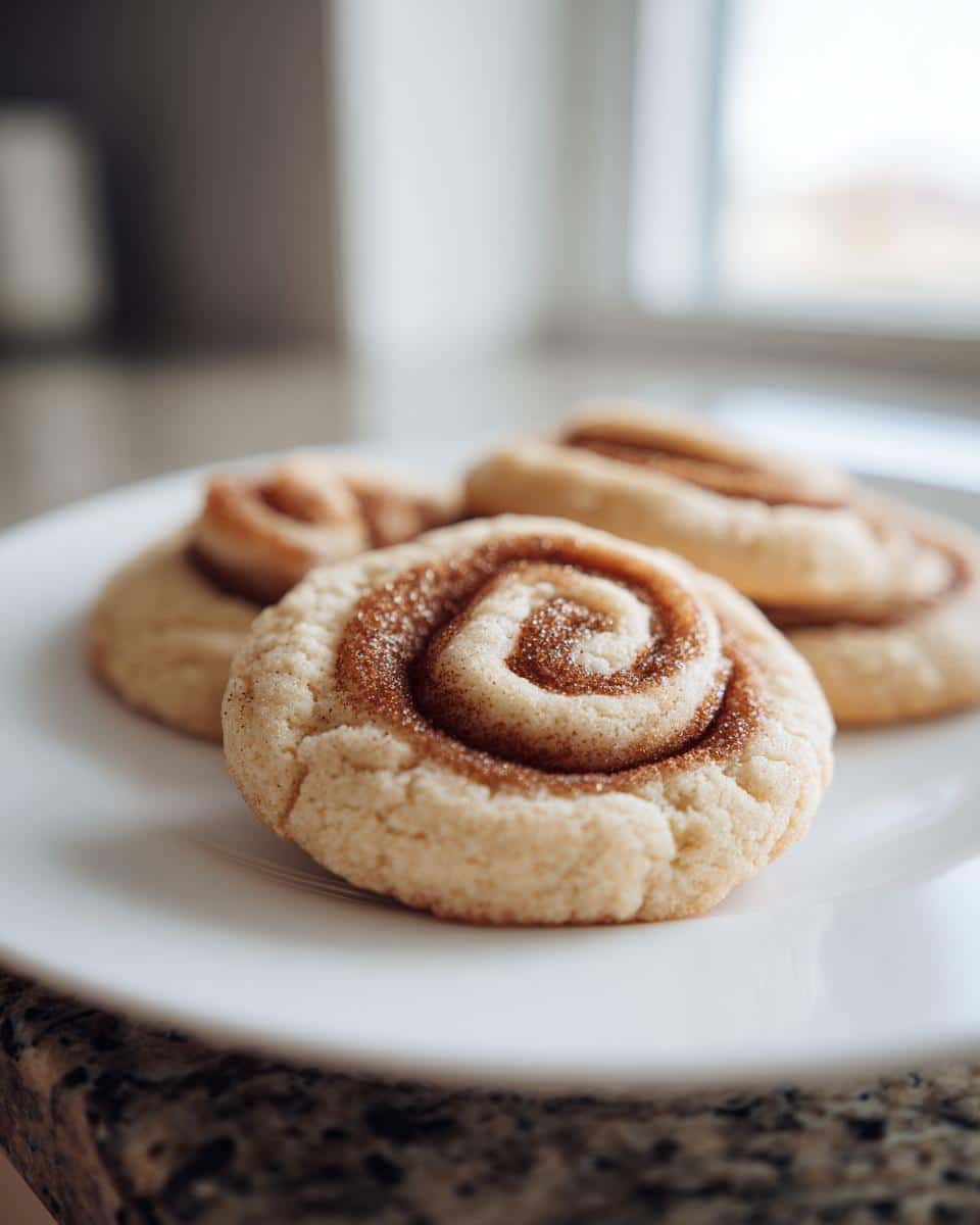 Close-up of soft cinnamon roll sugar cookies with a swirled cinnamon filling on a white plate.