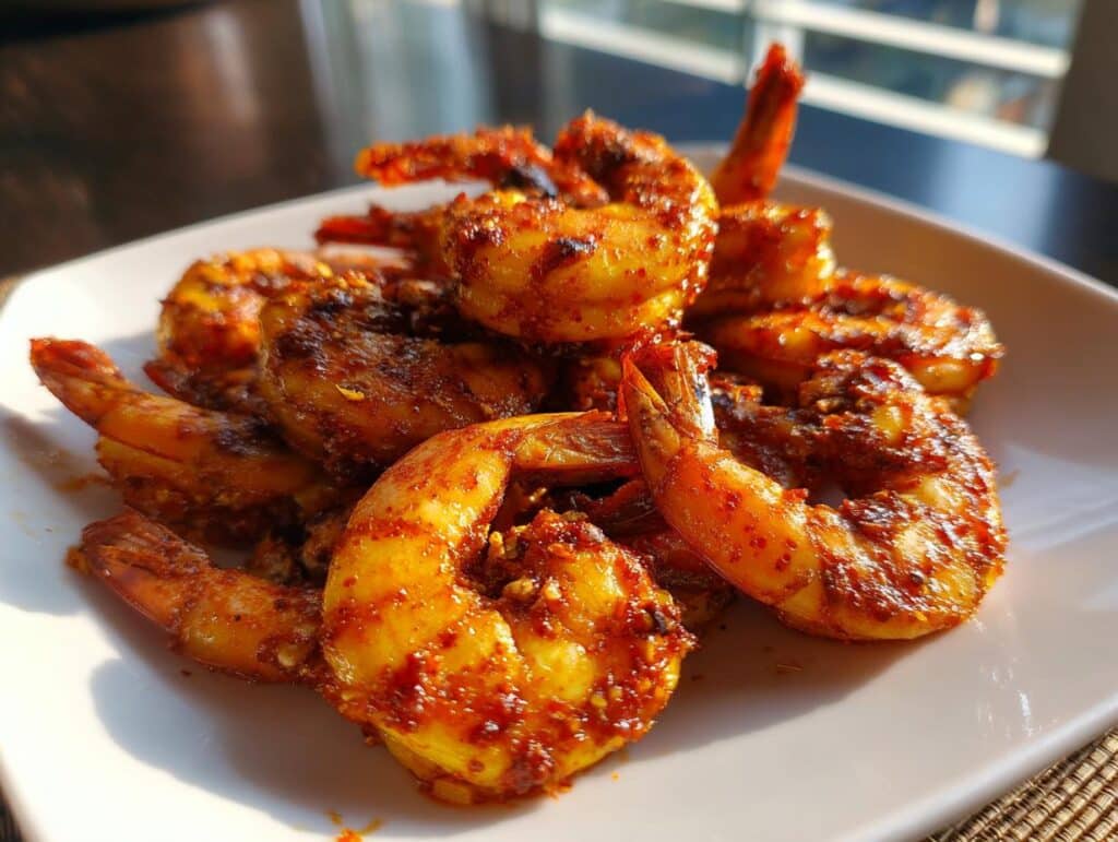 A close-up shot of a pile of perfectly cooked Spicy Air Fryer Shrimp on a white plate, glistening with spices.