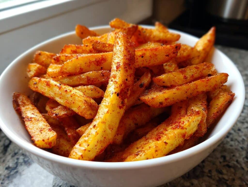A white bowl filled with golden Spicy Cajun Air Fryer Fries, generously seasoned with red and black spices.