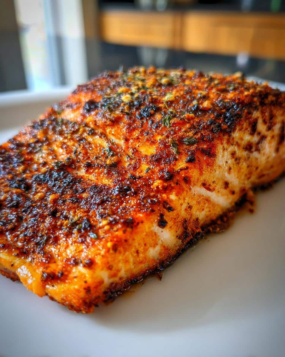 Close-up of a perfectly cooked Spicy Cajun Air Fryer Salmon fillet with a crispy, seasoned crust.